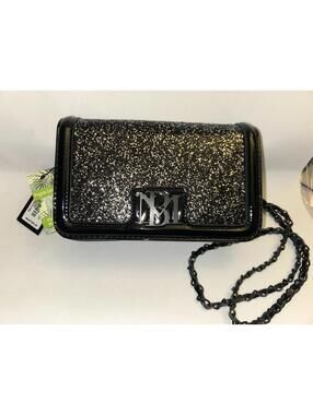 Badgley Mischka Black Glitter Clutch Crossbody with Chain BNWT